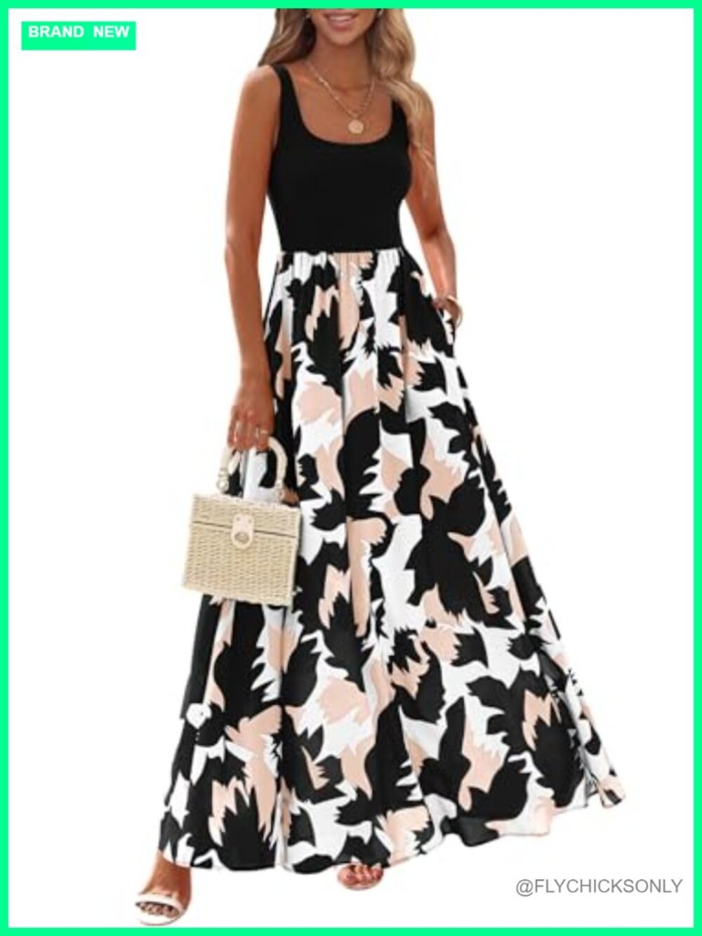 Women's Boho Floral Maxi Dress Sleeveless Scoop Neck Ruffled Hem Sundress
